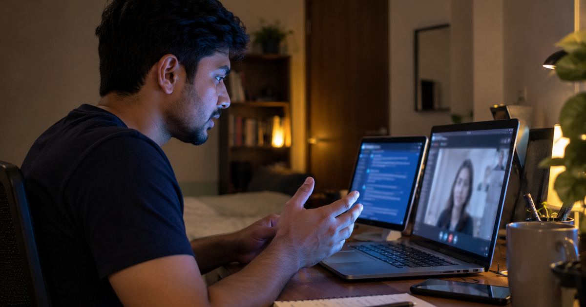 Side view of a candidate at a laptop with a faint AI answer overlay visible on the screen that a screen share would not show
