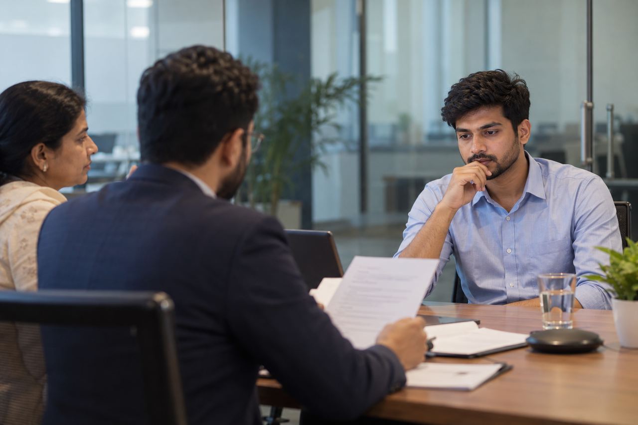 A candidate in an in-person final round with a client's interview panel