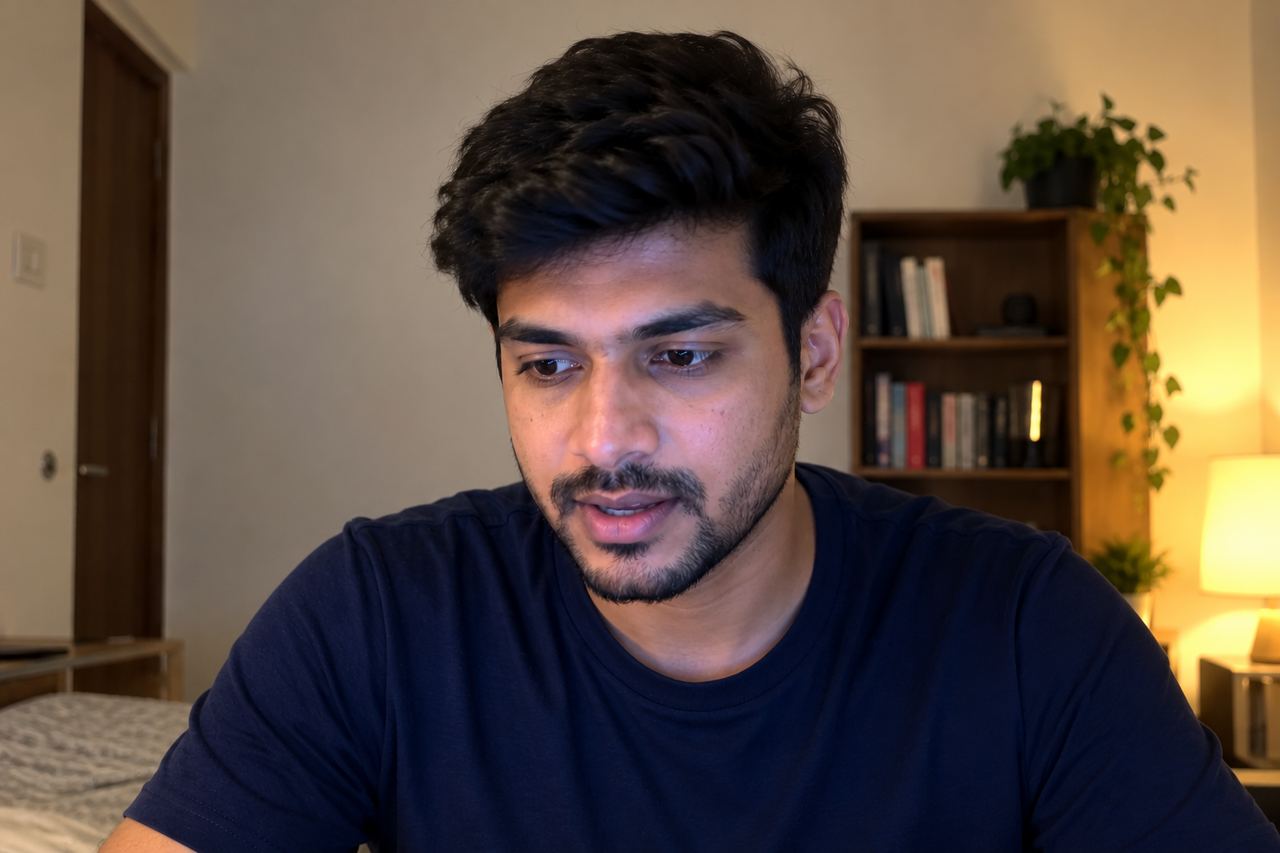 The candidate on webcam, eyes looking below the camera as if reading