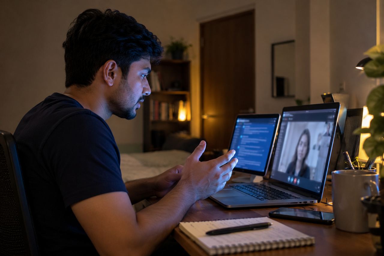 Side view from the candidate's phone: a tablet with an AI chat beside the laptop