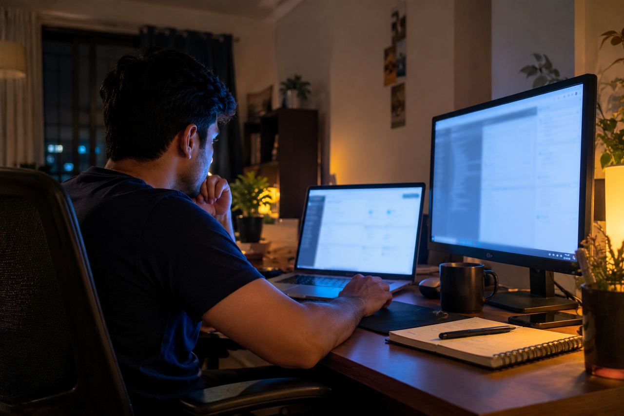 A candidate at a desk with a laptop and a second monitor